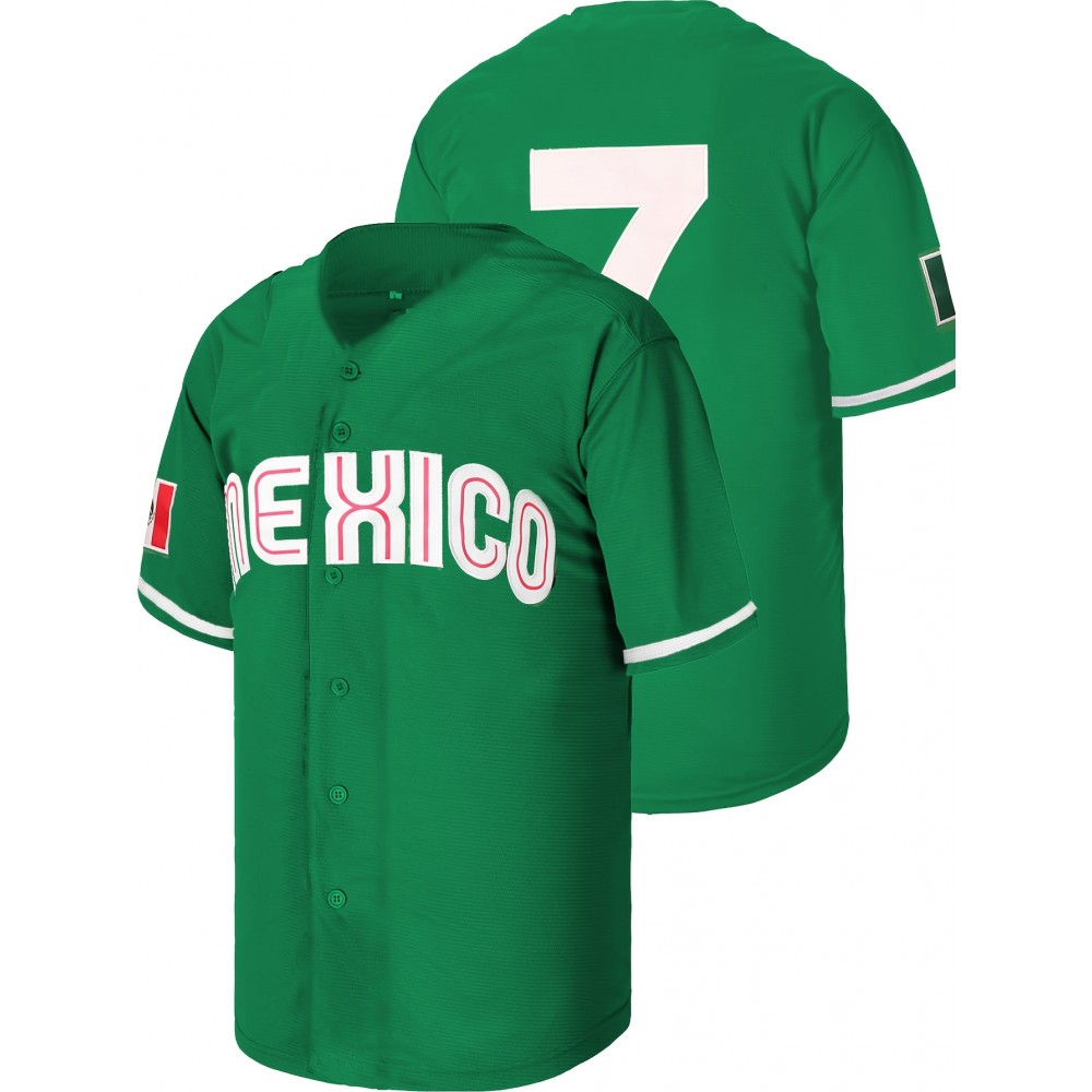 All Stitched #7 Green Baseball Jersey Embroidery V Neck Short Sleeve Baseball Shirt, Breathable Button-Up Sports Uniform For Training Competition Party