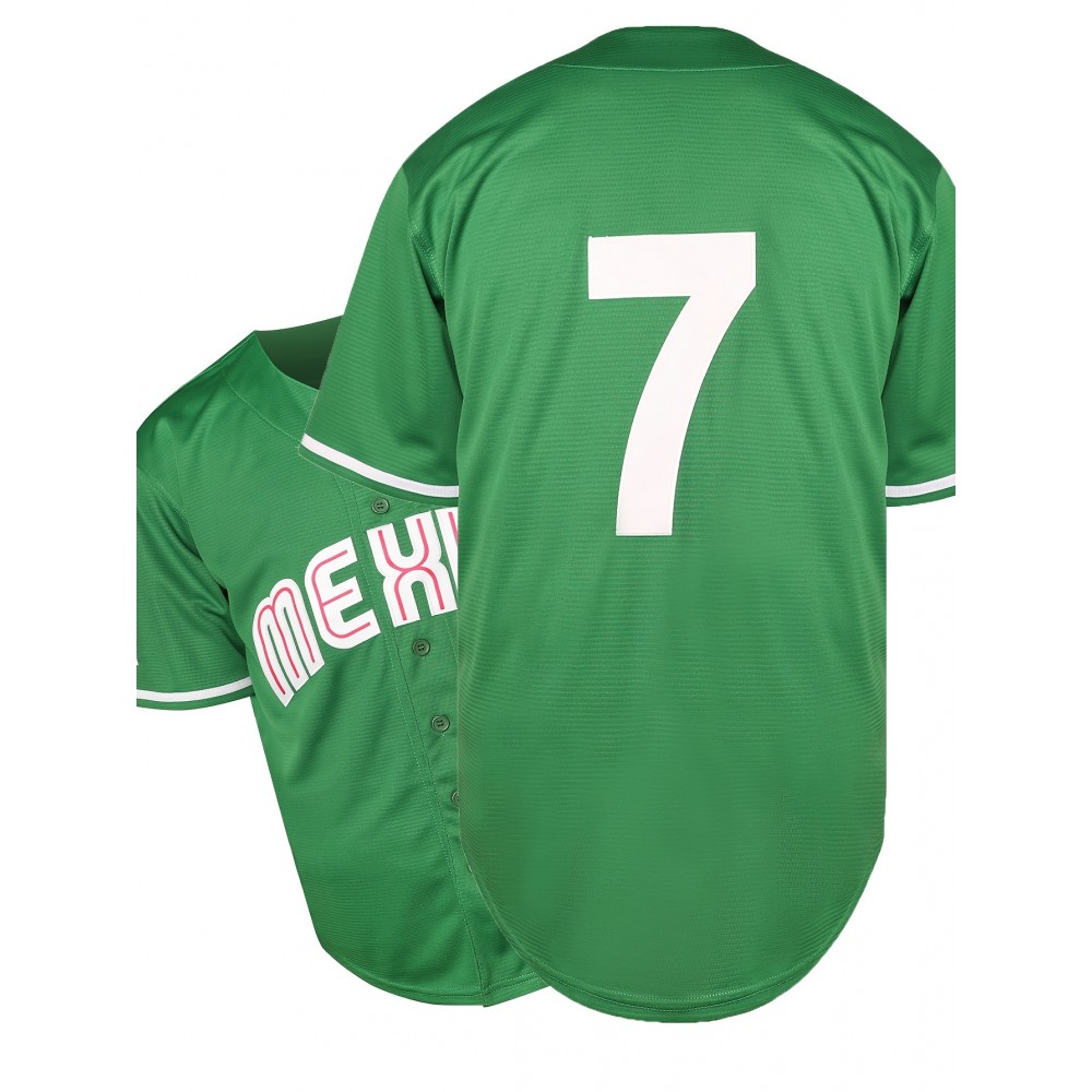Stitched #7 Green Baseball Jersey Red Letter Embroidery V Neck Short Sleeve Baseball Shirt, Breathable Button-Up Sports Uniform For Training Competition Party
