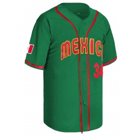 Men's #34 Mexico-Inspired Green Baseball Jersey with Red Letter Embroidery - V-Neck, Short Sleeve, Breathable Polyester, Button-Up Sports Uniform for Training, Competition & Casual Wear