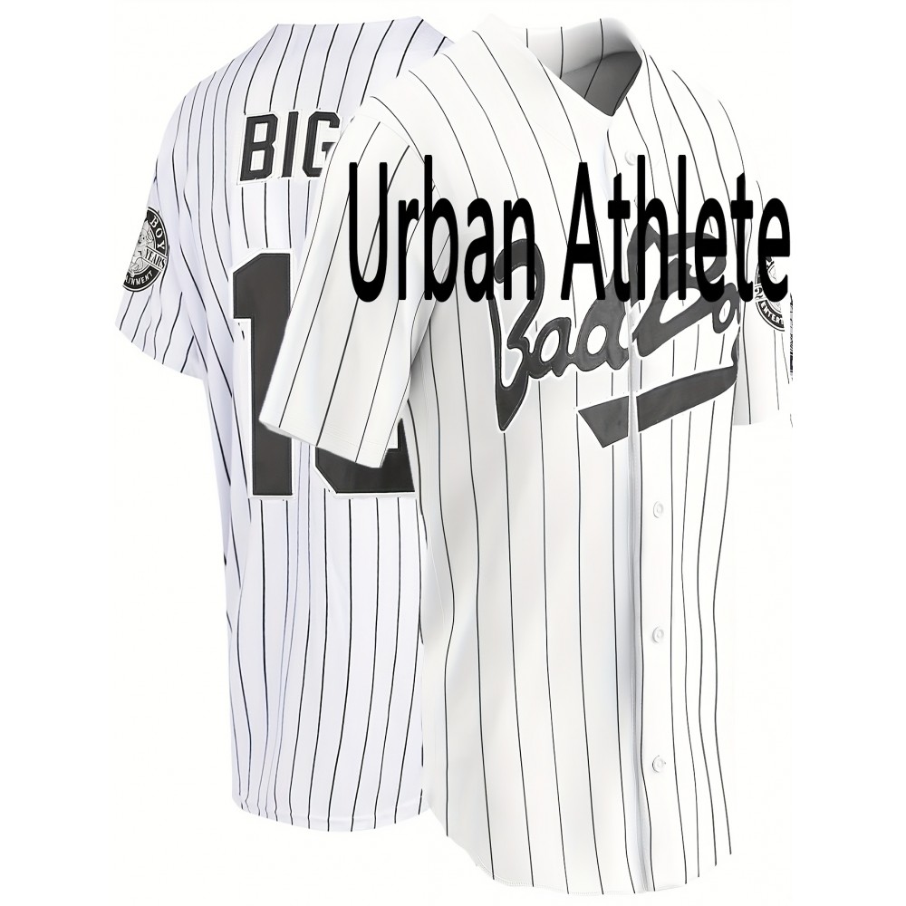 Men's & Women's White Baseball Jersey with Embroidered 'BIG URBAN ATHLETE' Design, Number 10 & Pinstripes - Breathable V-Neck Button-Up Shirt for Training, Competition, Casual Wear (Spring/Summer/Fall), Competition Attire, Sporty Vneck, Durable Sportswear