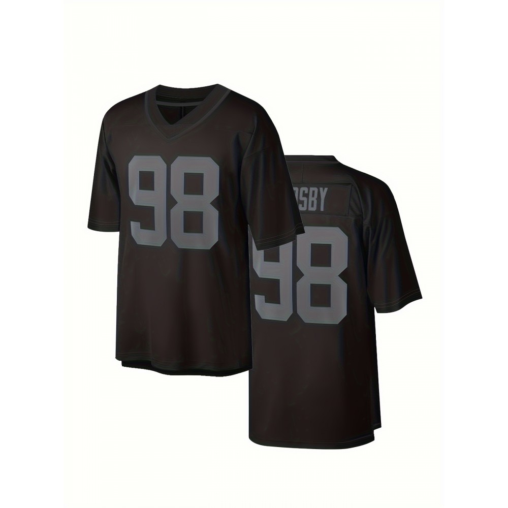 Men'S Black # 98 Breathable Rugby Shirt, Sports V-Neck Short Sleeved Training Shirt, Classic Embroidered American Football Shirt