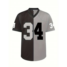 Men's Black #34 Breathable Rugby Jersey - V-Neck Short Sleeve American Football Shirt with Embroidered Lettering, Loose Fit for Training, Sports & Casual Wear, All-Season Comfort, Outdoor Activities Apparel, Sporty Vneck Design, Embroidered Detailing