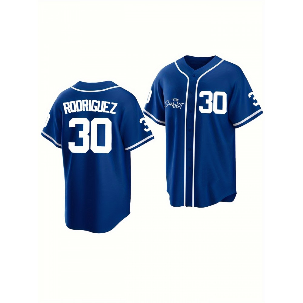 Men's #30 Blue Baseball Jersey - Tatis Jr. San Diego V-Neck Button-Up Shirt, Loose Fit Durable Polyester for Training, Sports & Casual Wear | All-Season Machine Washable Sportswear, Athletic Apparel, Sporty Design, Breathable Fabric