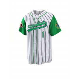 Men's #1 Green & White Striped Baseball Jersey - Breathable Polyester V-Neck Button-Up with 