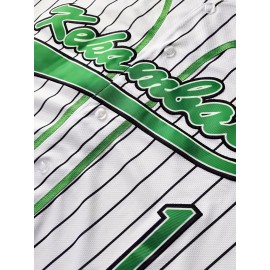 Men's #1 Green & White Striped Baseball Jersey - Breathable Polyester V-Neck Button-Up with 