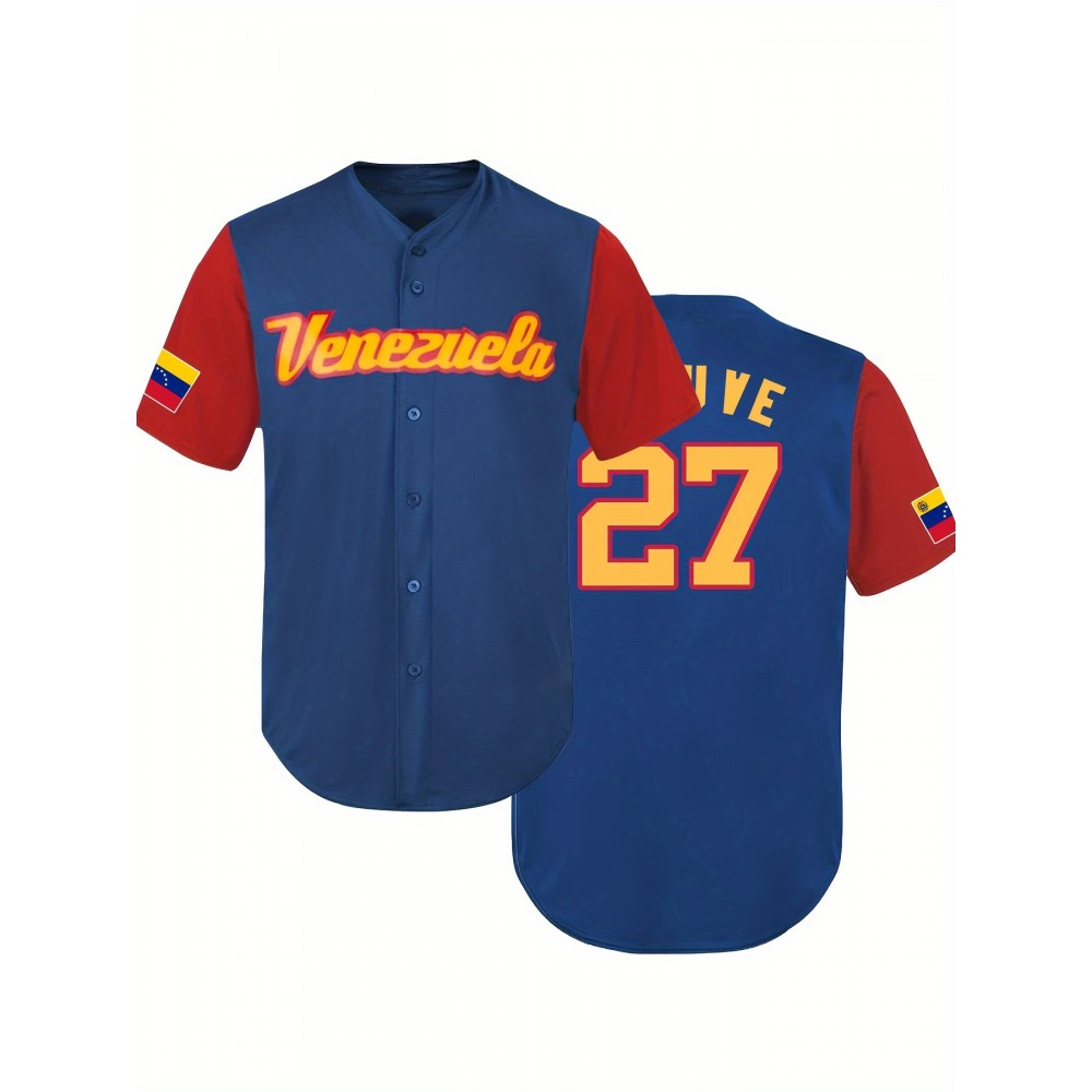 Men'S #27 Venezuela Color Block Baseball Jersey - Classic Retro Embroidery, Breathable Polyester, Short Sleeve V-Neck Sports Shirt for Training & Casual Wear, Outdoor Activity Wear|Athletic Aesthetic| Details