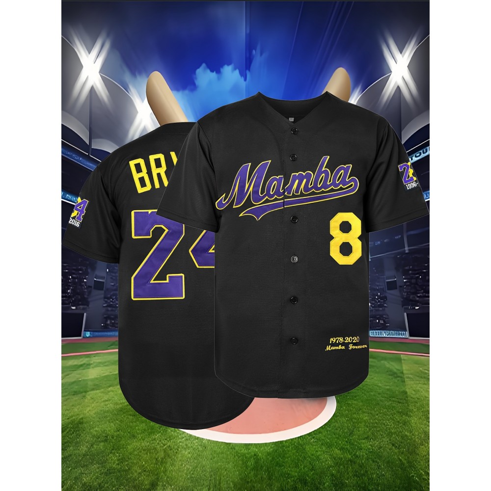 Men's #8-24 Embroidered Polyester Baseball Jersey - Black with Purple & Yellow Accents, V-Neck, Button-Up Design, Perfect for Games, Training & Casual Wear, Sizes S-3XL, Athletic Jersey | Casual Style | Numbers Design