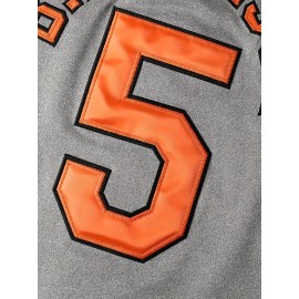 Men's # 5 Grey Embroidered V-neck Baseball Shirt - Breathable Loose Short Sleeve Shirt with Striped Accents Suitable for Casual And Sports S-3XL