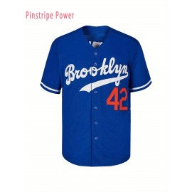 Men's Casual #42 Blue Baseball Shirt - Loose Fit V-Neck Button-Up with Brooklyn & Number Embroidery, 100% Polyester, Machine Washable, Sizes S-3XL for Training, Team Sports, Daily Wear & Outdoor Activities