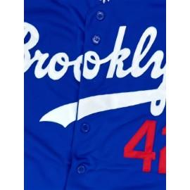 Men's Casual #42 Blue Baseball Shirt - Loose Fit V-Neck Button-Up with Brooklyn & Number Embroidery, 100% Polyester, Machine Washable, Sizes S-3XL for Training, Team Sports, Daily Wear & Outdoor Activities