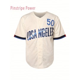 Men'S # 1968.5 inch White Baseball Shirt -100% Polyester Fiber V-neck Embroidered Letters Loose Fit Button Closure Breathable And Comfortable, Suitable For Sports Training, Leisure Beach And Outdoor Activities S-3XL