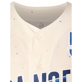 Men'S # 1968.5 inch White Baseball Shirt -100% Polyester Fiber V-neck Embroidered Letters Loose Fit Button Closure Breathable And Comfortable, Suitable For Sports Training, Leisure Beach And Outdoor Activities S-3XL