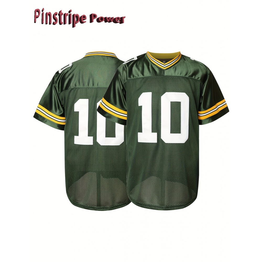 Men's Green #10 Rugby Shirt - Breathable Polyester V-Neck Sports Top, Loose Fit for Running, Hiking & Casual Wear, Machine Washable, Spring/Summer/Fall, Sporty Appearance, Detailing, Comfortable Fabric