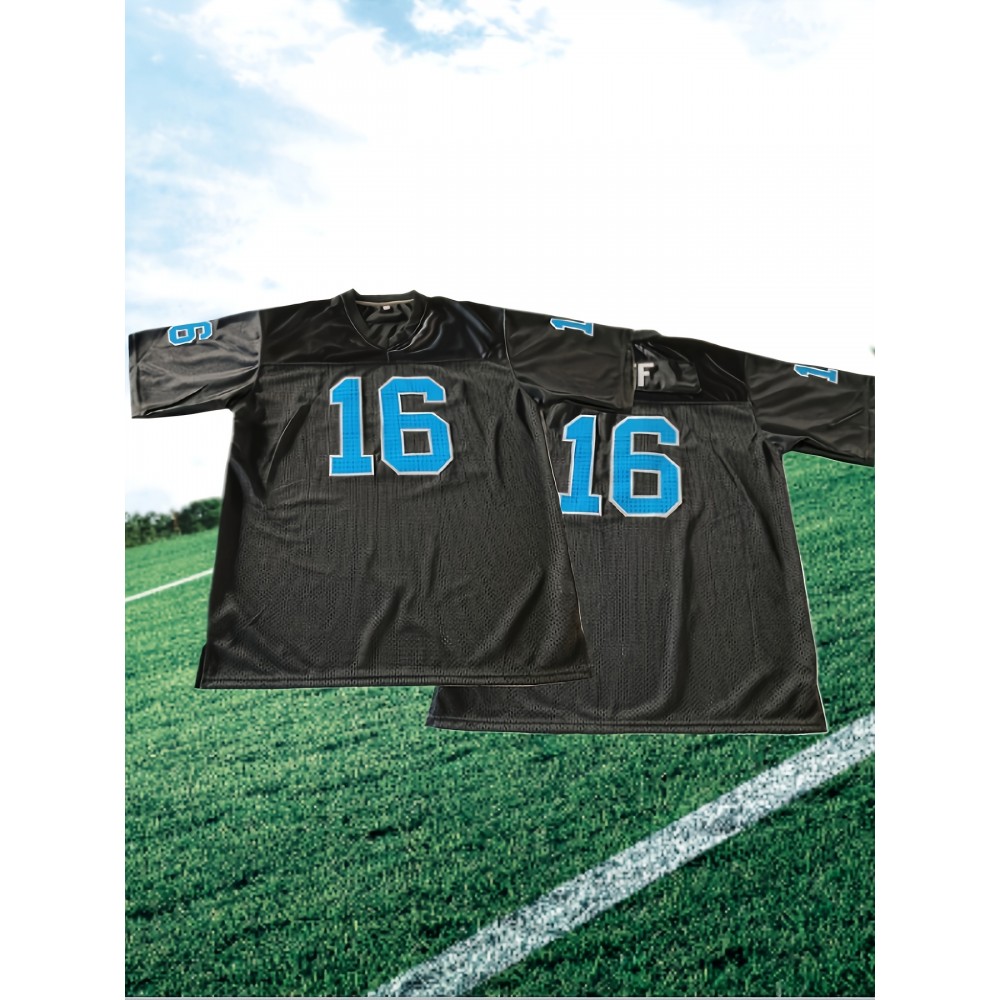 Men's #16 Black American Football Jersey - Breathable & Embroidered V-Neck, Loose Fit Polyester Sports Top for Team Training & Casual Wear, Football Gear