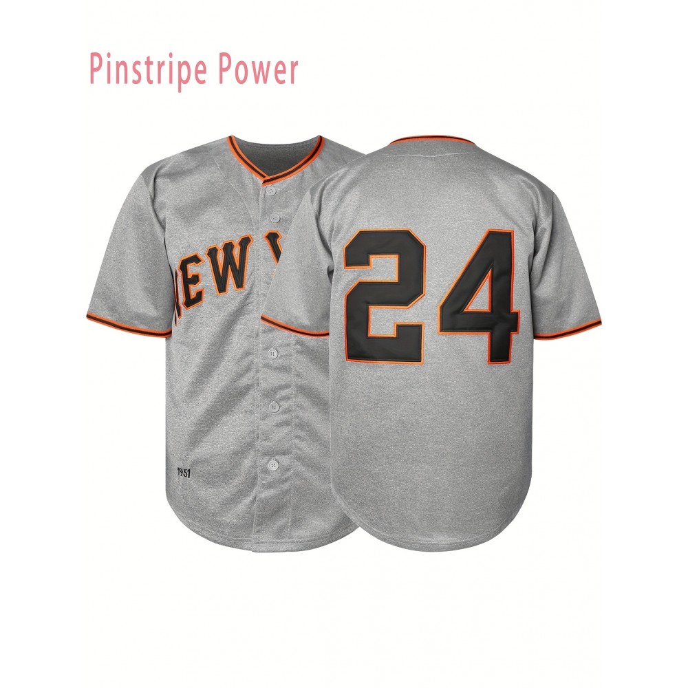 Men's #24 Gray V-Neck Baseball Jersey - Breathable Polyester Loose Fit Sports Top with Button Closure, Letter & Number Design, Micro Elastic for Training, Beach, Hiking, Casual Wear (Sizes S-3XL)