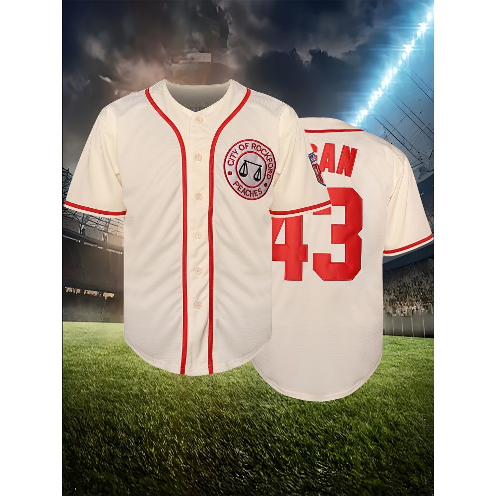 Men's #43 Beige Polyester Baseball Jersey, V-Neck, Button-Up, Ideal for Games & Training, Spring/Summer/Fall, Sizes S-3XL, Outdoor Activities Shirt | Casual Baseball Shirt | Durable Polyester