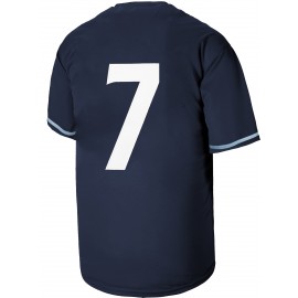 Men's All Stitched #7 Navy Baseball Jersey with Embroidery, V-Neck Short Sleeve, Breathable Polyester Button-Up Sports Shirt for Training, Competition, and Party