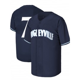 Men's All Stitched #7 Navy Baseball Jersey with Embroidery, V-Neck Short Sleeve, Breathable Polyester Button-Up Sports Shirt for Training, Competition, and Party