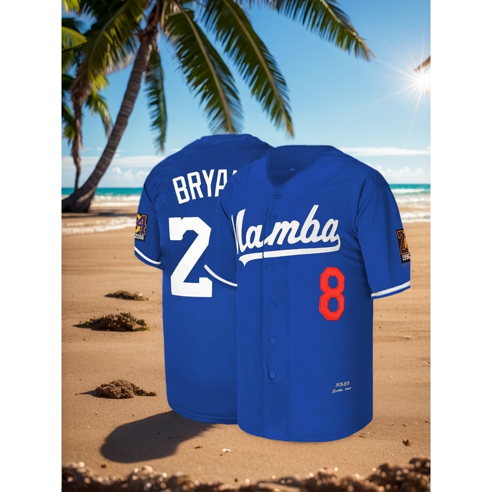 Stitched 24 Blue Baseball Jersey Embroidery V Neck Short Sleeve Baseball Shirt, Breathable Button-Up Sports Uniform For Training Competition Party