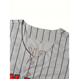 #34 Grey Stripe Baseball Jersey Embroidery V Neck Short Sleeve Baseball Shirt, All Stitched Breathable Button-Up Sports Uniform For Training Competition Party