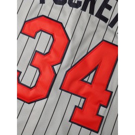 #34 Grey Stripe Baseball Jersey Embroidery V Neck Short Sleeve Baseball Shirt, All Stitched Breathable Button-Up Sports Uniform For Training Competition Party