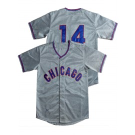 Men's Chicago #14 Embroidered Baseball Jersey - Grey V-Neck Short Sleeve Shirt with Striped Collar & Cuffs, Breathable Button-Up Sports Uniform for Parties, Training & Casual Wear, Team Event Apparel | Sporty Vneck | Durable Sportswear