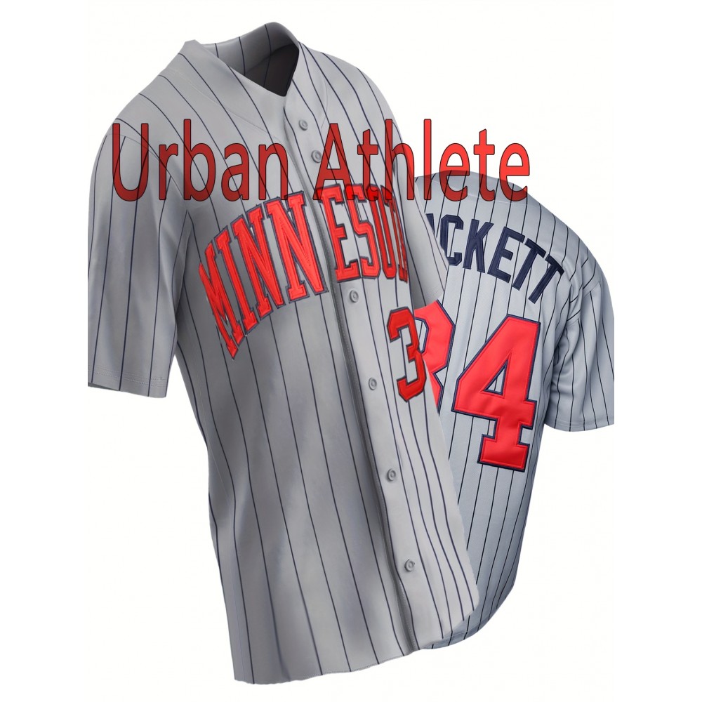 #34 Grey Stripe Baseball Jersey Embroidery V Neck Short Sleeve Baseball Shirt, All Stitched Breathable Button-Up Sports Uniform For Training Competition Party