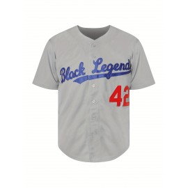 All Stitched 42 Baseball Jersey Letter Embroidery V Neck Short Sleeve Baseball Shirt, Breathable Button-Up Sports Uniform For Training Competition Party