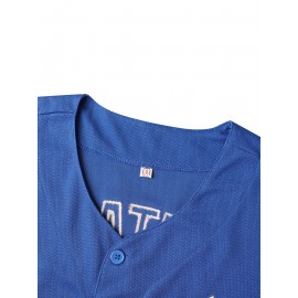 All Stitched 17 Blue Baseball Jersey Embroidery V Neck Short Sleeve Baseball Shirt, Breathable Button-Up Sports Uniform For Training Competition Party