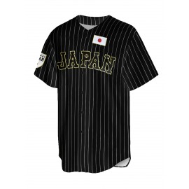 Men's #16 Japan Tanii Embroidered Baseball Jersey - Black & White Striped Retro Style, Breathable V-Neck Sports Shirt for Casual & Athletic Wear, Casual Sports Apparel | Retro Baseball Shirt | Embroidered Details