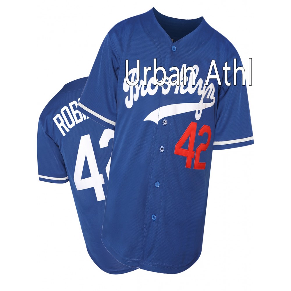 Blue 42 Baseball Jersey All Stitched Embroidery V Neck Short Sleeve Baseball Shirt, Breathable Button-Up Sports Uniform For Training Competition Party