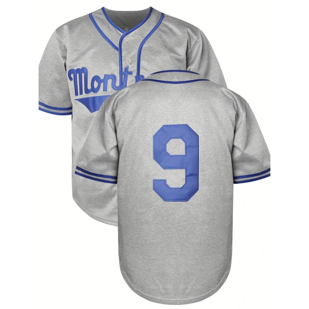 Stitched #9 Grey Baseball Jersey Red Letter Embroidery V Neck Short Sleeve Baseball Shirt, Breathable Button-Up Sports Uniform For Training Competition Party