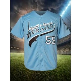 Youth #55 Blue Baseball Jersey - 100% Polyester, V-Neck, Machine Washable, 