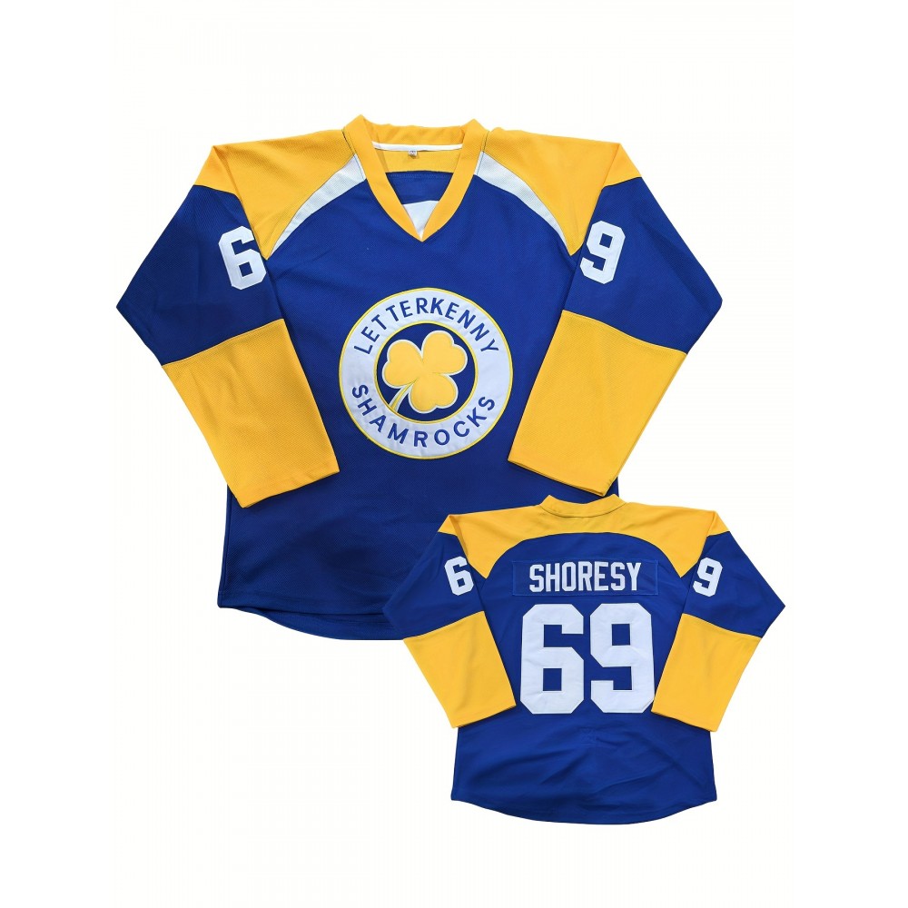 Men'S Embroidered Hockey Jersey - Letterkenny Shamrocks, Shoresy #69, Sports Fan Gear, Polyester V-Neck, All Seasons Wear, Outdoor & Casual, for Parties & Games - Blue